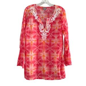 J.Jill‎ Tie Dye Tunic Top Pink Orange Embroidered Long Sleeve Cotton Medium boho